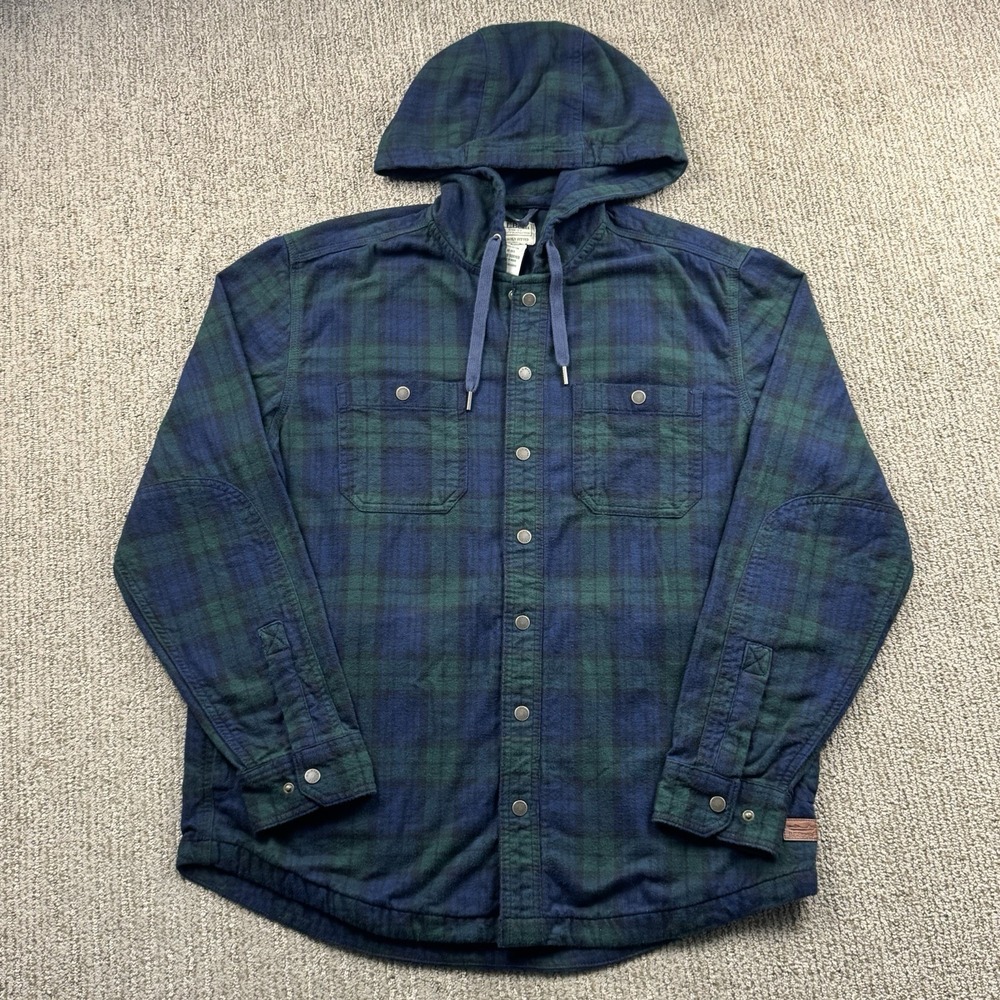 LL Bean Mens M Reg Slightly Fitted Flannel Hooded Shirt Blue Green Plaid